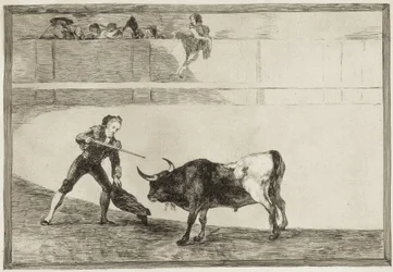 Pedro Romero dödar den hejdade tjuren. 1816. (25,1 x 35,9 cm). Pedro Romero (1754-1839). Spansk tjurfäktare. Plansch 30 ur "Tjurfäktningens konst". Spanien. Madrid (autonom region). Madrid. Nationalbiblioteket