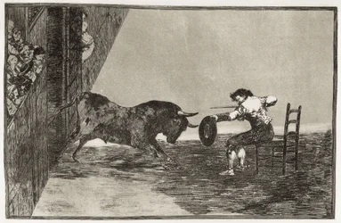 Martínchos djärvhet (troligen Antonio Ebassum) på arenan i Zaragoza. 1816. (24,9 x 35,7 cm). Plansch 18 ur "Tjurfäktningens konst". Spanien. Madrid (autonom region). Madrid. Nationalbiblioteket