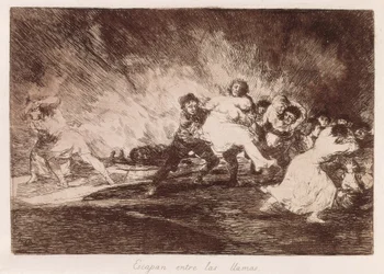 De flyr genom lågorna. 1810-1812. (16,1 x 23,3 cm). Plansch 47 ur "Krigets fasor". Spanien. Madrid (autonom region). Madrid. Nationalbiblioteket