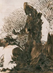 ""Tecken som prostrerar sig inför en munk"". Tvättteckning av Francisco de Goya y Lucientes (1746-1828). 1820. Madrid. Pradomuseet.