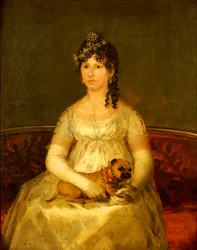 Porträtt av Dona Francisca Vicenta Chollet y Caballero, sittande, trekvartslängd, med en knähund, 1806