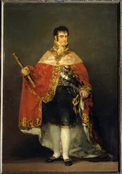 Porträtt av kung Ferdinand VII (1784-1833) i kunglig dräkt. Omkring 1815. Madrid. Musee du Prado - Porträtt av kung Ferdinand VII (1784-1833) med kunglig mantel. Målning av Francisco de Goya och Lucients