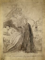 Saint Francois (Francis) Borgia (1510-1578) vid sängen av en döende obotfärdig. Teckning 1788, av Francisco de Goya y Lucientes (1746-1828). Skiss till målningen med samma titel beställd av familjen Ausuna. Pradomuseet, Madrid.