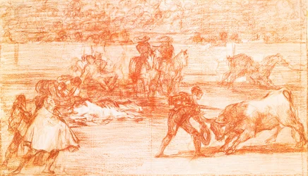 Tauromachie: en tjurfäktare förbereder sig för att slåss i en chapeau på platsen för muletan. Dessin a la sanguine av Francisco de Goya y Lucientes (1746-1828). 1815-1816. Madrid. Musee du Prado
