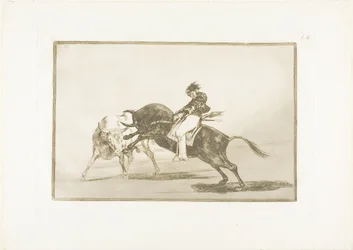The Same Ceballos, monterad på en annan tjur, bryter korta spjut i ringen i Madrid, skylt 24 från The Art of Bullfighting
