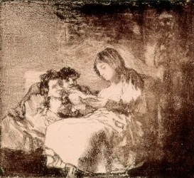 ""En kvinna läser en berättelse för två barn"" Litografi av Francisco de Goya y Lucientes (1746-1828). 1819-1822. Madrid. Nationalbiblioteket