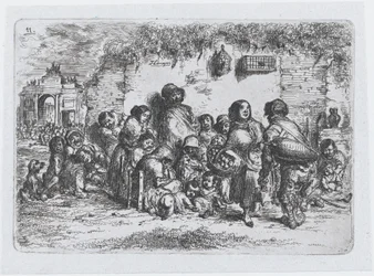 Tavla 11: en grupp människor utomhus, från serien av seder och fritidssysselsättningar från Spani..., 1850.