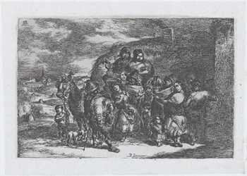 Platta 13: en grupp människor utomhus inklusive möjligen musiker, från serien av cus..., 1850.
