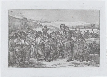 Plåt 14: en stor grupp människor utomhus, möjligen en skådespelare, från serien o..., 1850.