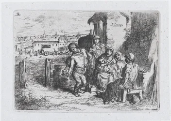 Skylt 16: en grupp människor utomhus, inklusive en man som häller upp vin eller vatten från ett kärl ..., 1850.