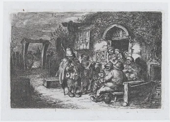 Tavla 18: gatumusikanter och andra figurer utanför en krog, från serien av tullar ..., 1850.