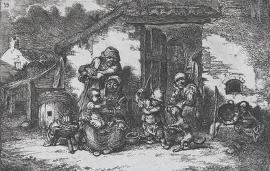 Platta 19: en familj och en pojke som leker med en hund utanför ett hus, från serien av custom..., 1850.