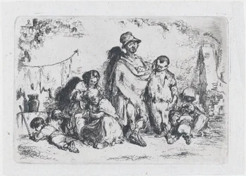Skylt 2: en grupp människor på gatan, möjligen tiggare, från serien av tullar och..., 1850.