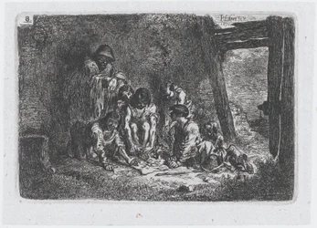 Tavla 8: en grupp figurer av vilka några spelar ett spel, från serien av tullar och..., 1850.