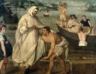 Sankt Peter Nolasque (1189-1256) går ombord för att befria kristna fångar som hålls som gisslan av moriska pirater för att säljas som slavar i Afrika (målning)