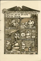 Illustration av Francisco Sancha Lengo (1874-1936) - Flygande löv, cirka 1915 - Det onda som inte kan botas är galenskap - Kriget 14 -18, Tyskland Preussen, Asphixiant gas, Spanska språket, Utländsk press