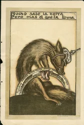 Illustration av Francisco Sancha Lengo (1874-1936) - Flygande löv, ca. 1915 - Mucho sabe la zorra pero mal el que la toma - 14-18 års krig, Tyskland Preussen, krigsfränder och symboler, allierade, spanska språket, utländsk press - räv -, obstruktion, anime