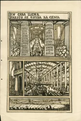 Illustration av Francisco Sancha Lengo (1874-1936) - Flygande löv, cirka 1915 - En casa llena presto se guisa la cena - War of 14 -18, Kanoner, granater, Industrifabriker, Spanska språket, Mobilisering, Utländsk press
