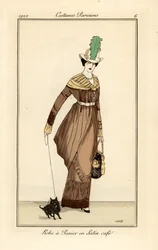 Kvinna i korgklänning i kaffefärgad satäng med husdjurshund, etsning från Tommaso Antonginis Journal des Dames et des Modes, Aux Bureaux du Journal des Dames, Paris