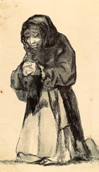 En gammal kvinna som knäböjer i bön, tidigt 1800-tal (teckning)