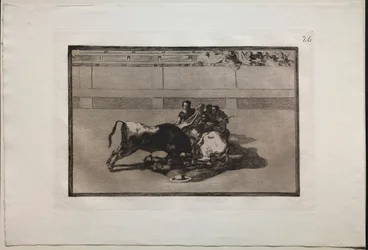 Tjurfäktningar: En Picador är unhorsed och faller under tjuren, 1876.