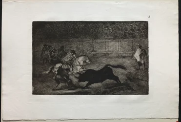 Tjurfäktningar: En spansk riddare som bryter korta spjut med hjälp av assistenter, 1876.