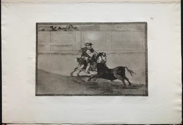 Tjurfäktningar: En spansk riddare i ringen som bryter korta spjut utan hjälpen..., 1876.