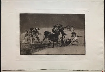 Tjurfäktningar: morerna använder åsnor som barriär för att försvara sig mot tjuren..., 1876.