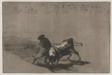 Tjurfäktningar: The Very Skilful Student of Falces, Wrapped in his Cape, Tricks the Bull..., 1876.