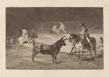 Den hyllade Fernando del Toro, barilarguero, tvingar odjuret med sin stång (Den hyllade Picador, Fernando del Toro, drar det häftiga odjuret på med sin piké)