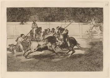 Den kraftfulle Rendon som biter en tjur, från vars öde han dog på torget i Madrid (The Forceful Rendon Stabs a Bull with the Pique, from which Pass He Died in the Ring at Madrid)