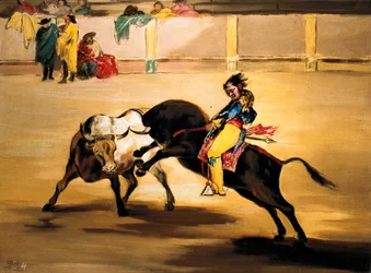 Mariano Ceballos kallad "indian" på ryggen av en tjur bryter sin gädda på arenorna i Madrid, ca. 1810 (målning)