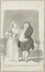 Prostituerad som raggar på en fet, ful man, framsida, ung kvinna som vrider sina händer, baksida, 1796-97