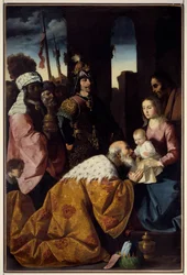 Tillbedjan av Magi Målning av Francisco de Zurbaran (1598-1664) 1638 Sön. 2,61x1,75 m. Grenoble, Museum of Fine Arts