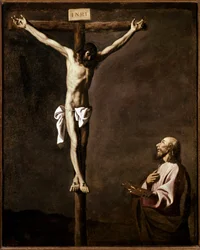 Korsfästelse och målare Självporträtt av konstnären i rollen som Sankt Lukas vid korsets fot. Målning av Francisco de Zurbaran (1598-1664) 1635-1640 Dim. 105x84 cm Madrid, Pradomuseet