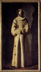 Porträtt av den helige Franciskus av Assisi: Helgonet är framställt i extas. Han bär en kåpa med ett rep med knutar som bälte. Målning av Francisco de Zurbarán (1598-1664)