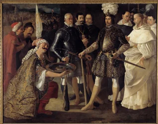 Reconquista: ”Sevillas kapitulation inför Ferdinand III, kung av Kastilien och León”. Morerna överlämnade stadens nycklar till kungen av Kastilien den 22/12/1248. Målning av Francisco de Zurbarán (1598-1664), 1634. 157,5 x 208,2 cm. Privatsamling
