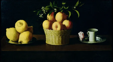Stilleben med citroner, apelsiner och en ros