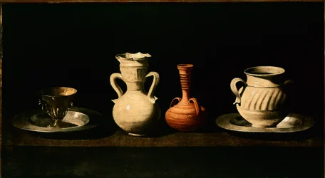 Stilleben Kannor, krukor. Målning av Francisco de Zurbaran (1598-1664) 1633 Sön. 46x84 cm Madrid, Pradomuseet