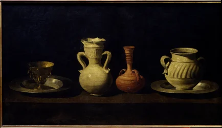 Stilleben, koppar och vaser. Målning av Francisco de Zurbaran (1598 - 1664)