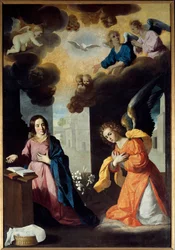 Bebådelsemålningen av Franciskus av Zurbaran (1598-1664) 1638 sön. 2,67x1,85 m. Grenoble. Museum of Fine Arts