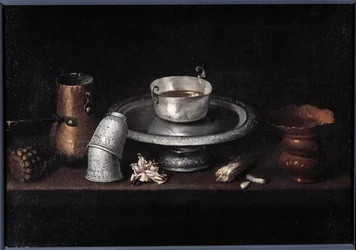 Stilleben choklad frukost av choklad kopp, koppar. Målning av Francisco de Zurbaran (1598-1664). 1600-talets Besançon, Museum of Fine Arts