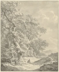 Landskap med vandrare på en stig längs skogen