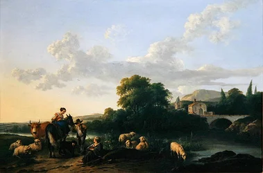 Bönder och boskap i ett italienskt landskap (olja på panel)