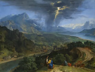 Bergslandskap med blixtar, ca 1675 (olja på duk)