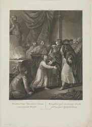 Mieszko I av Polen tar emot tonsuren av Smuglewicz, Franciszek (1745-1807). Litografi, sent 1700-tal. Privat samling
