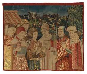Oidentifierat gobelängfragment med åtta figurer, En disputation möjligen, 1400-talets andra hälft (ull)