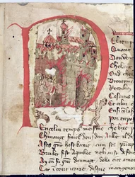 Ms Est 27 W 8.17 f.1r Historikerad initial föreställande Hunnen Attila (ca 406-453) som bränner staden Aquila från Attilakriget av Nicola da Casola