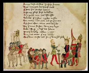 Ms Est 27 W 8.17 f.4r Hunnen Attila (c.406-453) i diskussion med en av hans krigare, från Attilas krig av Nicola da Casola