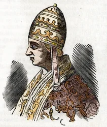 Medeltiden: Representation av påven Celestine III (Celestine, Celestine eller Caelestinus) (1191-1198) Ritning från Vatikanens mysterier”” av Franco Mistrali